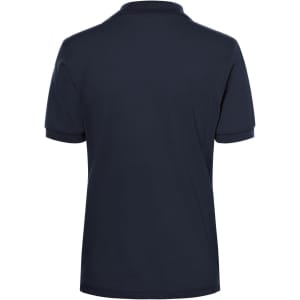 A navy blue ladies' polo shirt featuring a collar and short sleeves, with a branding logo.