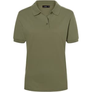 A classic ladies' polo shirt in olive green, featuring a collar, short sleeves, and a logo on the chest.