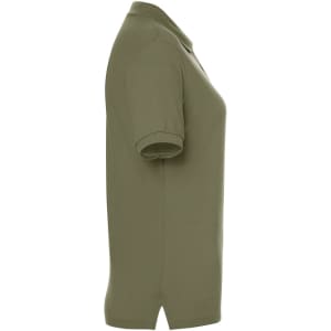 A short-sleeved, olive green polo shirt with a logo on the chest, featuring a classic fit and a collar.