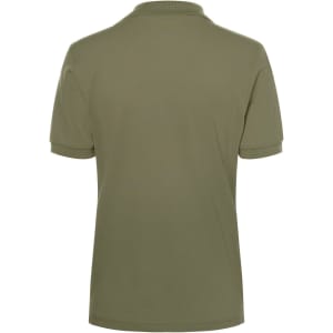 A classic polo shirt in khaki green, featuring a plain back and short sleeves. It has a logo on one side.