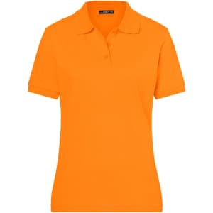 An orange polo shirt for ladies with a classic design and a collar. The shirt features a logo.