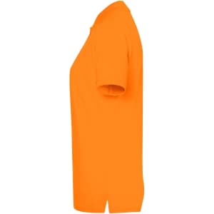 An orange polo shirt for ladies, featuring a classic design and a logo on the side.