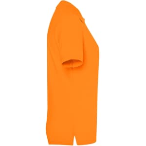An orange ladies' polo shirt displayed from the side, featuring a collar and short sleeves. It has a logo on the left side.