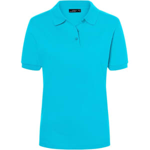 A turquoise polo shirt for women featuring a classic collar and buttons, with a logo on the label.