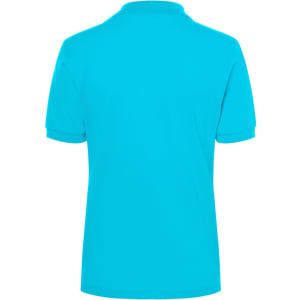A vibrant turquoise polo shirt featuring a collar and short sleeves, with a branding logo on the back.