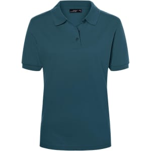A classic ladies' polo shirt in a teal colour with a logo, featuring a two-button placket and short sleeves.