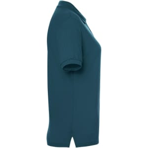 A teal ladies' polo shirt featuring a collar and short sleeves, with a logo on the chest.