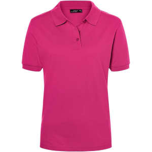 A pink polo shirt for ladies with a classic style, featuring a collar and logo branding.