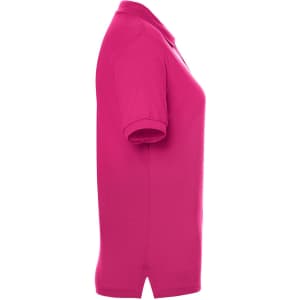 A pink polo shirt for ladies, featuring short sleeves and a collar, with a branding logo.