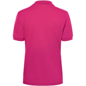 A pink polo shirt with a classic fit, featuring a collar and short sleeves, and a logo on the back.