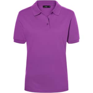A purple polo shirt with a classic collar and short sleeves, featuring a logo on the chest.
