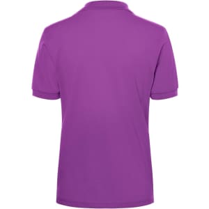A purple polo shirt with a collar and short sleeves, featuring a logo on the back.