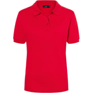 A red classic polo shirt for ladies with a collar and short sleeves, featuring a logo on the front.