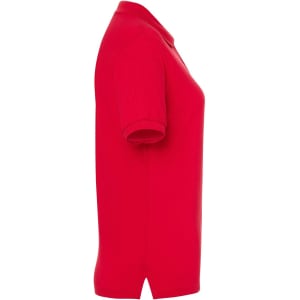 A red ladies' polo shirt displayed from the side, featuring a classic collar and short sleeves. It has a logo on it.