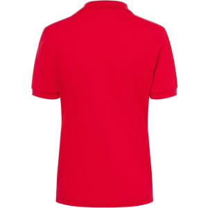 A red polo shirt with a classic design, featuring short sleeves and a collar. It has a logo on the back.