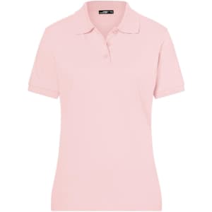 A pink polo shirt for ladies, featuring a collar and short sleeves, with a branding logo.