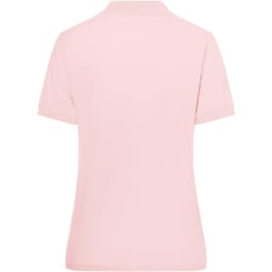 A pale pink polo shirt featuring a collar and short sleeves, with a logo on the back.