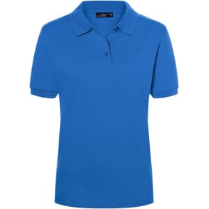 A blue ladies' polo shirt featuring a collar and three-button placket. It has a logo on the design.