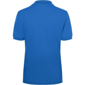 A blue polo shirt featuring a collar and short sleeves. The back view showcases a smooth, solid design.