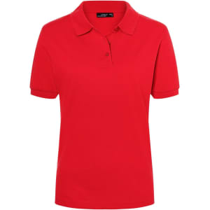 A red ladies' polo shirt with a collar and buttons, featuring a logo on the chest area.
