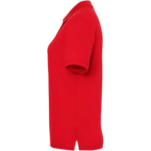 A red polo shirt with short sleeves and a collar, featuring a logo on the fabric.