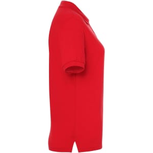 A red ladies’ polo shirt with short sleeves, featuring a collar and side slits, includes a logo.