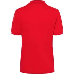 A red women's polo shirt with a collar, featuring short sleeves and an unobtrusive logo on the back.