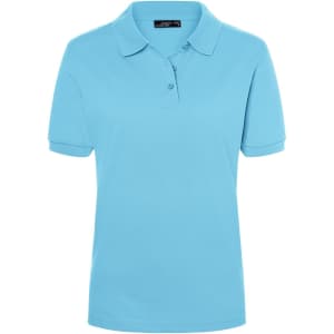 A light blue women's polo shirt with a classic design, featuring a collar and a logo.