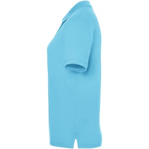 A light blue polo shirt for ladies, featuring a classic design and a short sleeve style. It has a logo on it.
