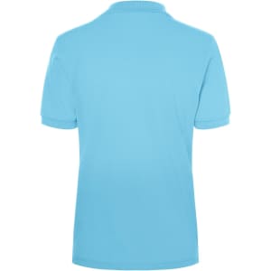 A light blue polo shirt featuring a classic design and a collar, with a logo at the back.