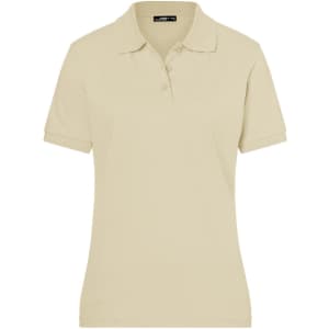 A light beige ladies' polo shirt with a collar, short sleeves, and a logo on the chest.