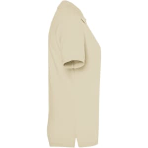 A beige women's polo shirt with a classic design and a logo on the chest. Featured in a side view.