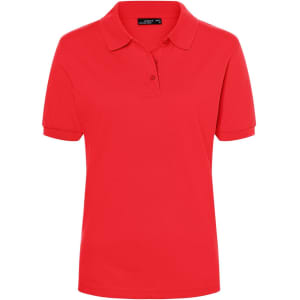 A red ladies' polo shirt featuring a three-button placket and short sleeves, with a logo on the chest.
