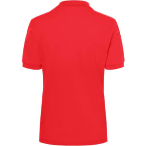 A red polo shirt for ladies featuring a classic design and a collar. The shirt has a branding logo on it.