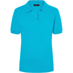 A turquoise polo shirt for women, featuring a collar and buttons, with a logo on the label.