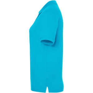 A turquoise polo shirt for ladies, displayed from the side, featuring short sleeves and a collar.