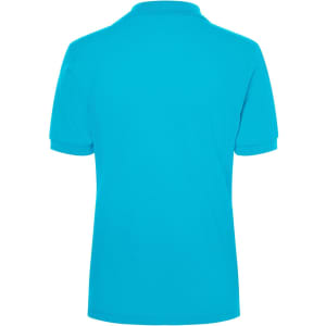 A blue polo shirt with a classic design featuring a collar and short sleeves, showing the back view.