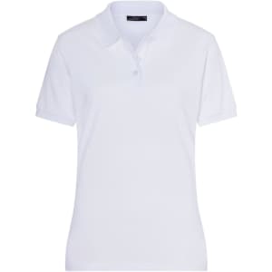 A white classic polo shirt with a collar and short sleeves. The shirt features a logo.