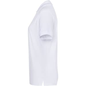 A white polo shirt for ladies, featuring a classic design and short sleeves, with a logo on the side.