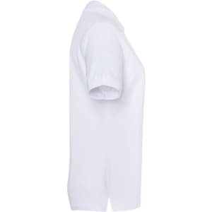A white polo shirt for ladies, featuring a classic style and a side view. The shirt includes a logo.