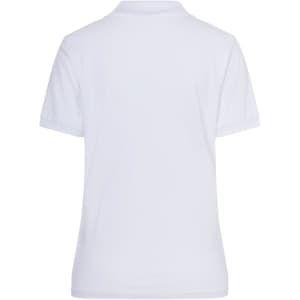 A white polo shirt for ladies, featuring a classic design and short sleeves. Includes a logo on the back.