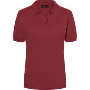 A burgundy women's polo shirt featuring a classic collar and buttons, complete with a logo.