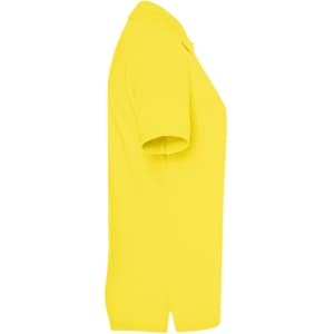 A side view of a bright yellow polo shirt, featuring short sleeves and a collar. It has a logo on the front.