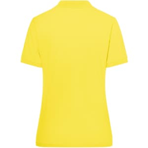 A yellow polo shirt with a classic design, featuring a collar and short sleeves. It has a logo on the back.