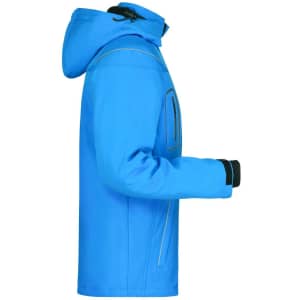 A blue men's softshell jacket features a hood and a zippered pocket on the front. It has a logo on the sleeve.