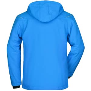 A men's winter softshell jacket in vibrant blue, featuring a hood and a sleek design. Includes a logo on the back.