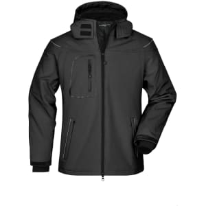 A men's winter softshell jacket in black, featuring a hood and multiple pockets, including a zippered chest pocket.