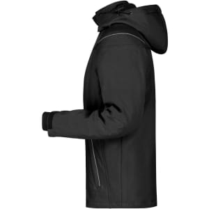 A black men's winter softshell jacket featuring a hood and side zippers, with a fitted design and elastic cuffs.