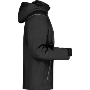 A black men's softshell jacket featuring a hood and zippered pockets, shown from the side. The jacket has a logo.
