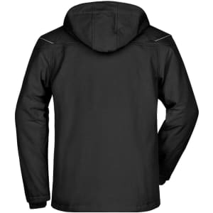 A men's winter softshell jacket in black, featuring a hood and a branded logo.